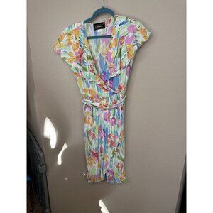 LA Glo Womens White Dress 5/6 short sleeve midi vintage pullover‎ floral rayon